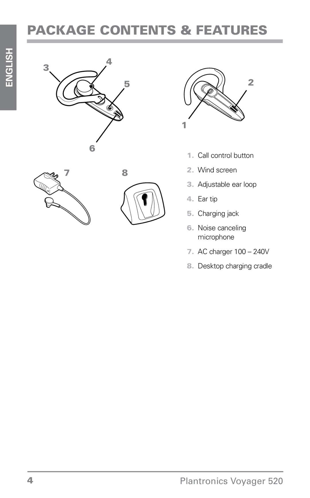 Plantronics 520 manual Package Contents & Features 